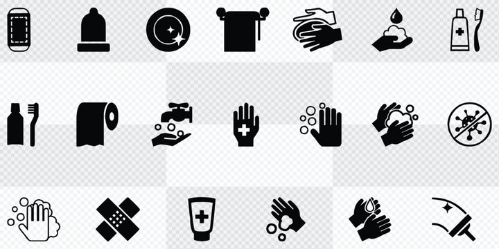 Hygiene icons. Outline icons about clean and disinfect