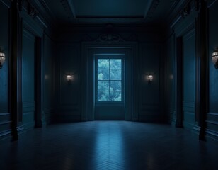 Fototapeta premium Empty elegant dark room at night with copy space AI Generated dreamlike imagery subconscious exploration bending reality imaginative narratives juxtaposing elements evoking wonder and awe tran