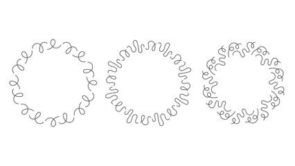 Squiggly Line Circle Frames Set. Wavy Round Borders collection. Elegant swirl, loop curls in hand drawn sketch style. Vector illustration for greeting card invitation