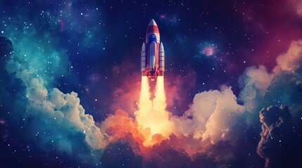 Rocket launching through nebula clouds, space exploration, cosmic background, futuristic imagery