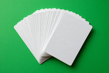 Blank White Playing Cards Fanned Out on Bright Green Background

