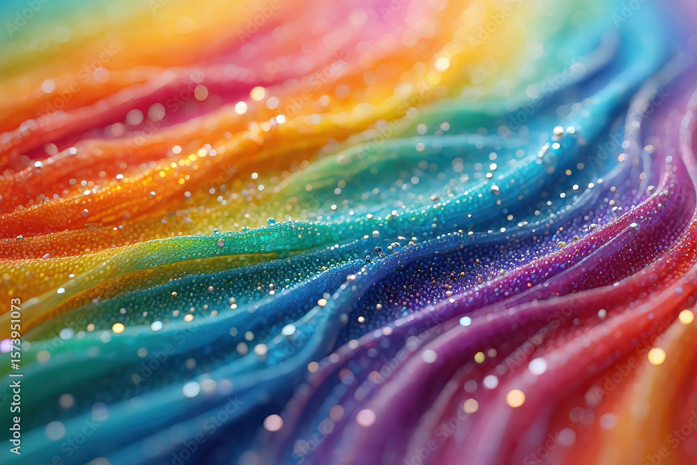 Poster a close up of a vibrant rainbow colored surface with glitter and a flowing wave pattern design