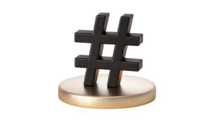A hashtag symbol resting atop a gold colored circular platform on transparent background