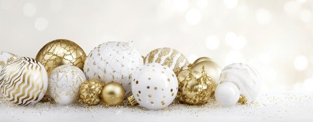 Fototapeta premium The festive collection of gold and white Christmas ornaments on a soft background.