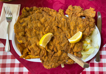 Large breaded schnitzel with lemon slices served on a plate with fried potatoes and lettuce, placed...