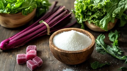 Beet sugar, leafy greens, candies on wood