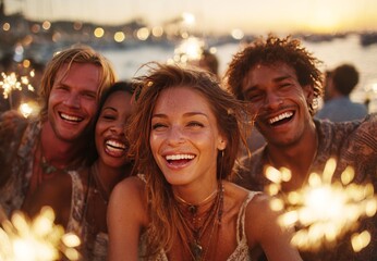 Group of friends celebrating together with sparklers during sunset by the beach