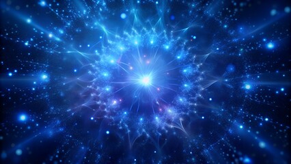 Obraz premium Bright stars glow on an abstract blue background, creating a dazzling fractal illustration of light and motion in space