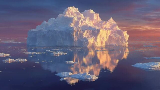 Tracking a majestic iceberg and its reflection glowing under a serene sunset, reflecting tranquility and depth. A visual metaphor for consciousness, reminiscent of myths exploring inner realms.  