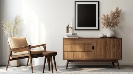 Mid-century modern chair, sideboard, sunlight, interior design, mockup, room, minimalist, home decor, design, living room