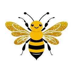 Cute cartoon bee with sparkly golden wings and happy expression
