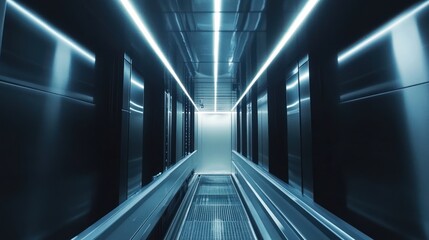 Modern moving walkway, futuristic building, illuminated corridor, city transport, background doors