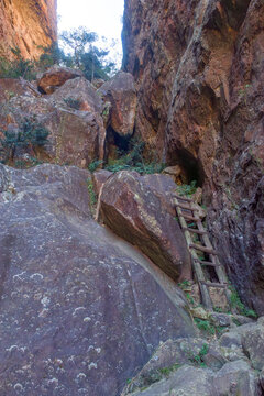 Wooden ladder in the Crack in Royal Natal National Park.