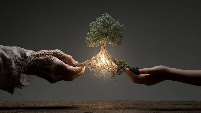 In a heartwarming moment, an elderly hand passes a glowing, blossoming tree to a child's eager grasp, symbolizing the bond between generations and the promise of new beginnings.