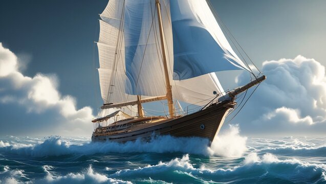 Majestic wooden sailboat with billowing white sails navigating choppy blue ocean waves under a cloudy sky - Powered by Adobe