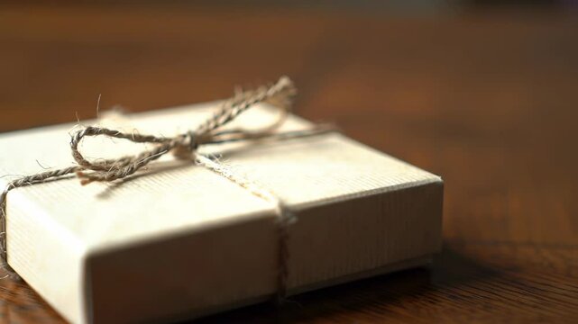 Craft box tied with twine bow on wooden table, gift concept