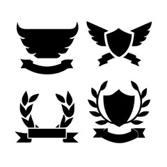 elegant laurel wreaths, shields, wings, and ribbon vector set.black-and-white vector pack of wreaths, shields, banners, and wings .Collection of six heraldic emblems with shields laurels helmet.
