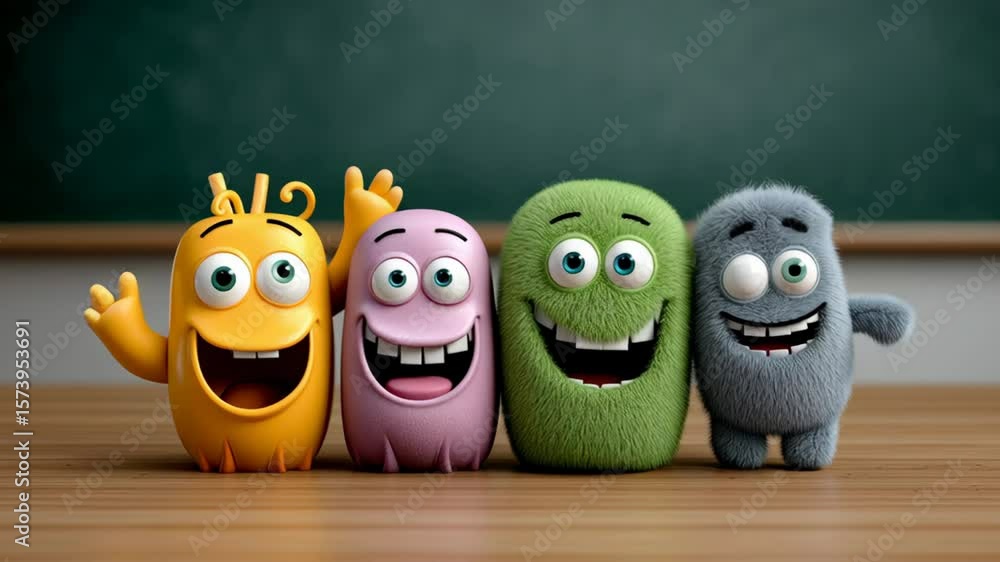 Aufkleber four cartoon characters are standing next to each other, with one of them smiling and the others loo
