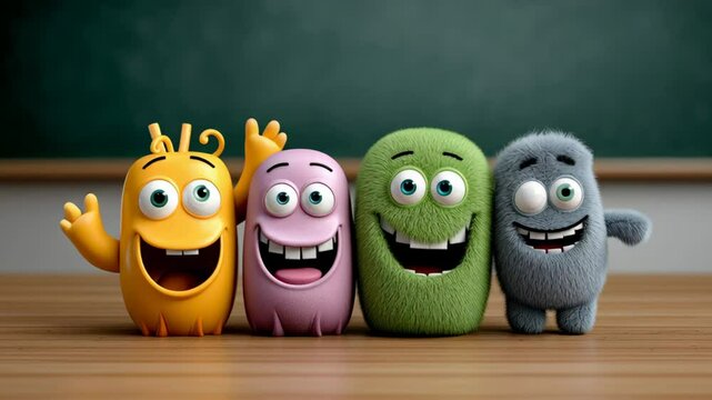 Four cartoon characters are standing next to each other, with one of them smiling and the others looking happy. The scene is set in a classroom, with a green chalkboard behind them