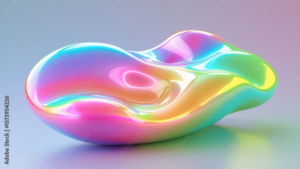Fototapete abstract iridescent shape holographic chrome blob fluid rainbow art design background rendering obje