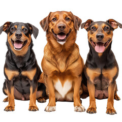 Three Happy Dogs Sitting Together Adorable Pets Friends Black Brown Fur isolated on a transparent background