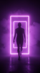 Silhouette of a Person Walking Through a Neon Portal