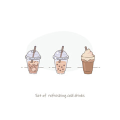 Сold drinks in takeaway cups: iced coffee, classic bubble tea with tapioca pearls, and a chocolate milkshake with whipped cream. Vector illustration set.