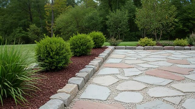 Stone patio and garden with green bushes view