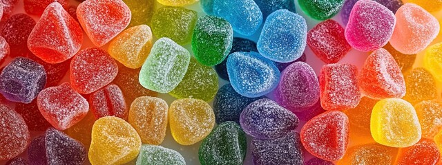 A vibrant assortment of colorful gummy candies spills across a black background, creating a rainbow effect with a glossy, sugary texture.