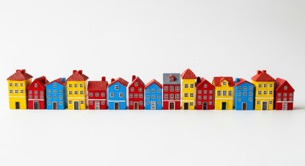 Colorful Miniature Houses Lined Up Against a White Background