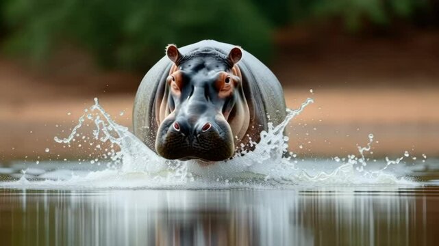Hippo is swimming in a river. The water is splashing and the hippo is making a splash