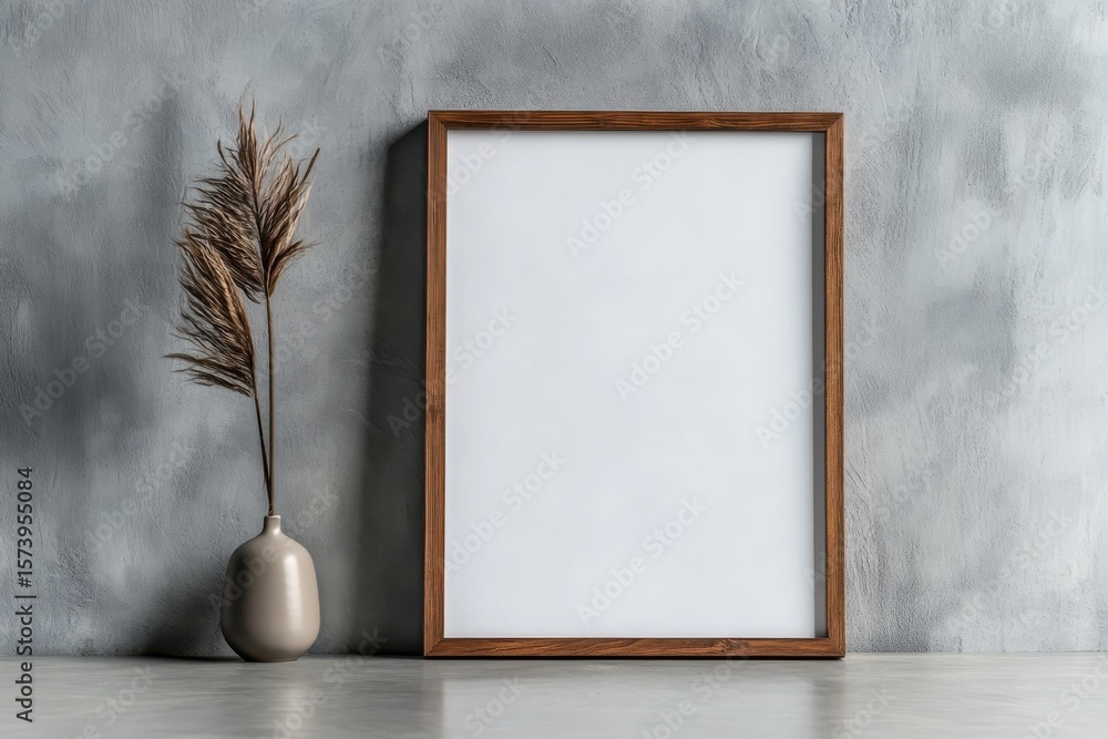 Poster blank frame with vase and pampas grass against a textured grey wall for mockup presentation display