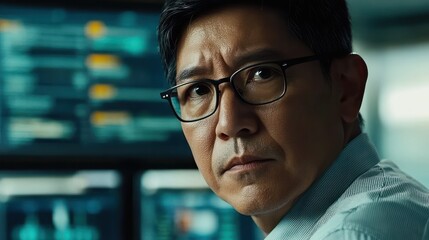 Obraz premium Serious Asian man monitoring data, office background, tech