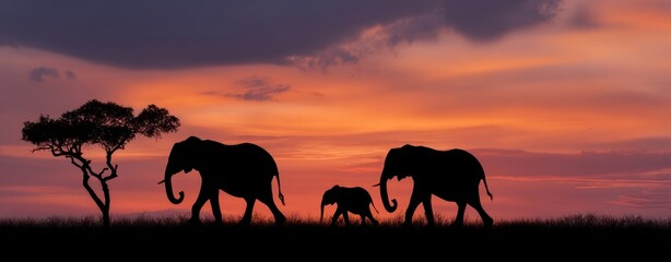 The majestic elephants walking together during a breathtaking sunset silhouette.