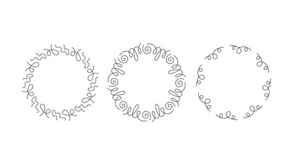 Elegant Curly Circle Frame Set. Collection of wavy line round borders with squiggles loops swirls. Modern minimal sketch decorative elements. Vector illustration
