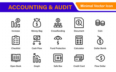 Obraz premium Collection of accounting and audit line icons. Business finance vector pack. Contains icons for tax return, payroll, earnings, income, deductions, ledger, and money management.