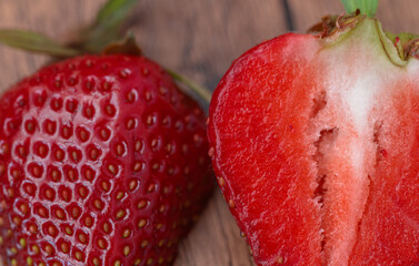 Close-up of one strawberry cut in half