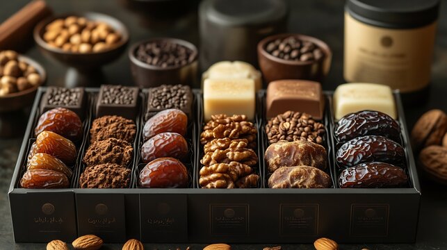 Corporate gift box with luxury dates nuts and Arabic coffee sachets accompanied by branded stationary and thank you notes perfect for business appreciation