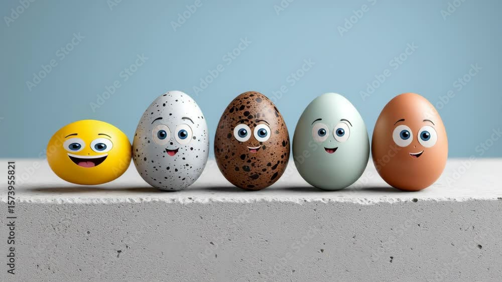 Poster row of eggs with different colors and patterns, each with a smiley face drawn on it
