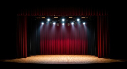 An empty theatre stage illuminated by bright spotlights with red curtains drawn and a polished wooden floor awaiting performers