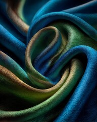 Close-up image of silk or satin fabric in various shades of blue, green, and gold, beautifully layered and rippled.