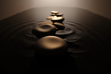 A row of smooth stones resting in water with ripples under dim lighting creating a zen like atmosphere