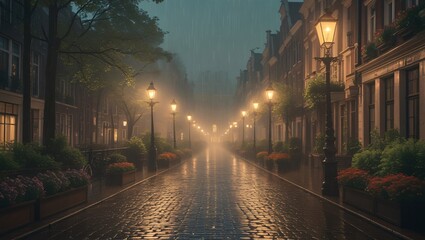 Rainy street with glowing lamps and cobblestones image