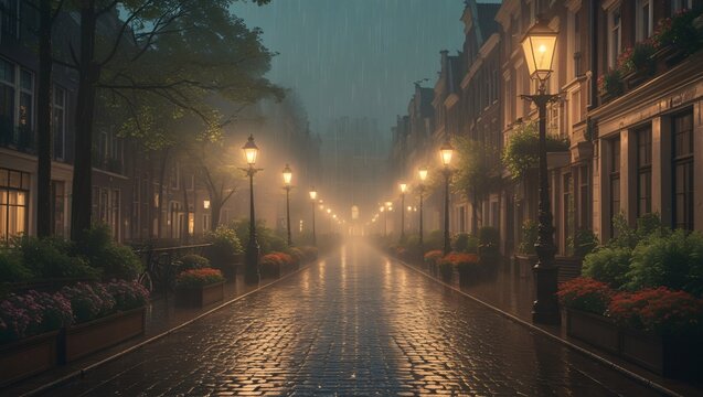 Rainy street with glowing lamps and cobblestones image - Powered by Adobe