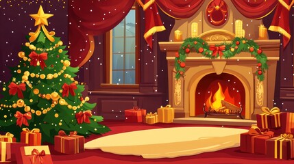Festive Christmas Room; Fireplace, Tree, Gifts, Snow, Winter