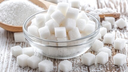 Sugar cubes bowl, granulated sugar, wooden spoon, white background, food photography
