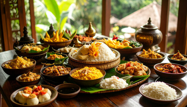 Traditional Javanese tumpeng nasi kuning with various side dishes