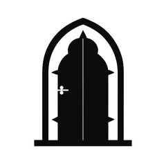 Ancient arched door silhouette with iron hinges for historic and medieval architecture art