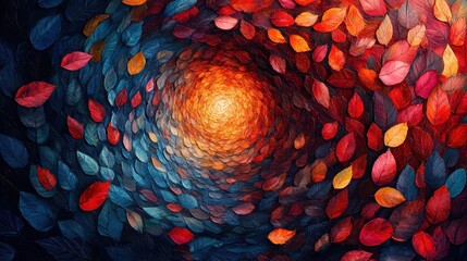 Autumn leaves swirl tunnel, light at end, vibrant colors, nature background, fall season