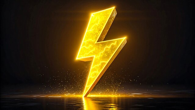 Glowing golden lightning bolt symbol with electric energy on dark background
